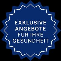 Ein blaues Abzeichen in Form eines Siegels mit weißem Text, der lautet: „Exklusive Angebote für Ihre Gesundheit“. Das Siegel vermittelt einen Eindruck von Qualität und Exklusivität.