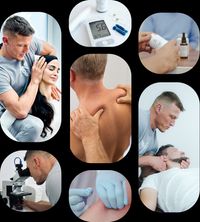Kollage von Bildern, die verschiedene medizinische und therapeutische Behandlungen zeigen, darunter Dry Needling, Chiropraktik, Mikroskop-Untersuchungen, die Anwendung von Nahrungsergänzungsmitteln und die Überprüfung des Blutzuckerspiegels.